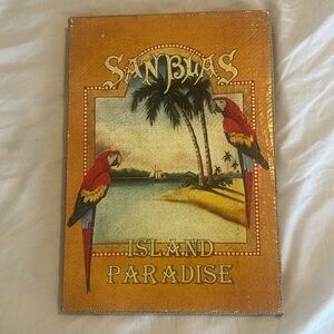 Tropical decorative art on burlap wrapped canvass.